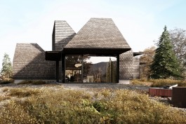 wood shingles clad cabin with a monolithic, oblique silhouette broken by winged awnings that expose large glazed surfaces 