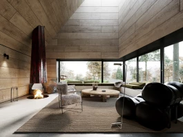 living room with oak panelled walls and ceilings, red ceramic fireplace canopy, Ricardo Fasanello armchair, Apparatus Studio wall light