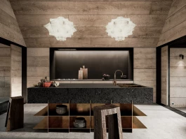 kitchen with asphalt and burnished brass island bench, Achilles Castiglioni Taraxacum pendant, Fritz Baumann barstools, Apparatus Studio wall lights, Denis Milovanov chopping board