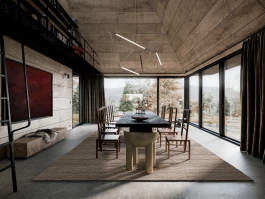 Vincenzo De Cotiis chandelier hanging from lofted dining room entirely clad in oak broken by glazing with views to nature. Faye Toogood Roly Poly chair at Rick Owens Plug Table