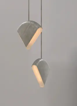 Two hanging aluminium pendant lamps with sculpted glass diffuser 